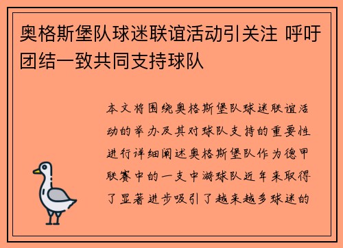 奥格斯堡队球迷联谊活动引关注 呼吁团结一致共同支持球队