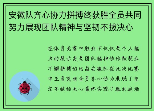 安徽队齐心协力拼搏终获胜全员共同努力展现团队精神与坚韧不拔决心
