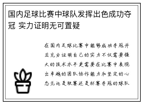 国内足球比赛中球队发挥出色成功夺冠 实力证明无可置疑