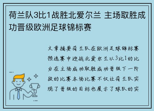 荷兰队3比1战胜北爱尔兰 主场取胜成功晋级欧洲足球锦标赛