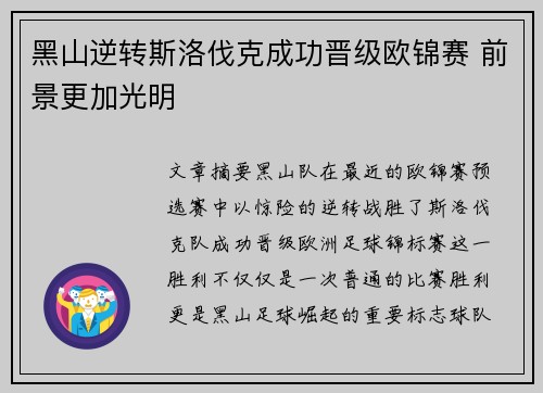 黑山逆转斯洛伐克成功晋级欧锦赛 前景更加光明