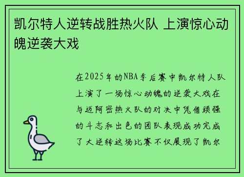 凯尔特人逆转战胜热火队 上演惊心动魄逆袭大戏