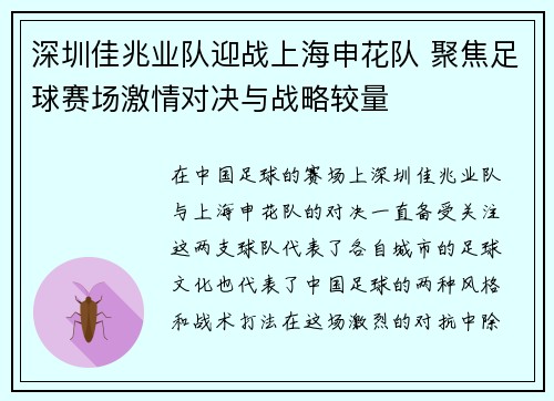 深圳佳兆业队迎战上海申花队 聚焦足球赛场激情对决与战略较量